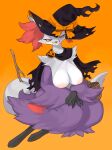  2022 absurd_res anthro basket big_breasts biped black_body black_fur breasts claws clothing container delphox digital_media_(artwork) female finger_claws fur generation_6_pokemon grey_body grey_fur hat headgear headwear hi_res kame_3 multicolored_body multicolored_fur nintendo nipples orange_background orange_eyes pokemon pokemon_(species) purple_body purple_fur red_body red_fur scarf shiny_pokemon simple_background solo video_games white_body white_fur witch_hat 