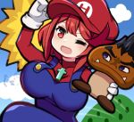  bangs blue_overalls breasts cosplay goomba large_breasts ma2acworks malos_(xenoblade) mario mario_(cosplay) one_eye_closed open_mouth overalls pyra_(xenoblade) red_eyes red_hair short_hair swept_bangs xenoblade_chronicles_(series) xenoblade_chronicles_2 