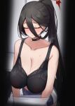  1girl alternate_costume bare_shoulders black_bra black_hair blue_archive blush bra breasts collarbone gohei_(aoi_yuugure) hasumi_(blue_archive) heavy_breathing highres large_breasts long_hair mole mole_under_eye parted_lips sagging_breasts solo sweat underwear undressing 