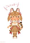  1girl animal_costume animal_ear_fluff animal_ears belt boots bow bowtie brown_hair cat_ears cat_girl cat_tail closed_mouth coroha extra_ears irasutoya kemono_friends kemono_friends_v_project large-spotted_genet_(kemono_friends) long_hair looking_at_viewer microphone multicolored_hair parody ribbon shirt simple_background skirt smile solo suspenders tail twintails virtual_youtuber 