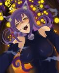  1girl aa2mee black_dress black_sleeves blair_(soul_eater) breasts cat_girl cat_tail crescent_moon detached_sleeves dress fangs halloween highres house long_hair long_sleeves looking_at_viewer medium_breasts moon naughty_face open_mouth pumpkin purple_hair signature smile soul_eater steaming_body tail tree upper_body witch yellow_eyes 