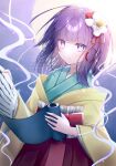  1girl bangs closed_mouth flower furawast green_kimono hair_flower hair_ornament hakama hakama_skirt hieda_no_akyuu holding holding_scroll japanese_clothes kimono looking_at_viewer purple_eyes purple_hair red_skirt scroll short_hair skirt smile solo touhou white_flower yellow_sleeves 