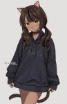  1girl :3 animal_ears anz32 black_choker black_hair black_hoodie brown_hair cat_ears cat_girl cat_tail choker closed_mouth clothes_writing commentary dark-skinned_female dark_skin drawstring grey_background hood hood_down hoodie long_hair long_sleeves looking_at_viewer low_twintails multicolored_hair original puffy_long_sleeves puffy_sleeves simple_background sleeves_past_wrists solo streaked_hair symbol-only_commentary tail twintails twitter_username yellow_eyes 