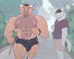  anthro bovid bovine bulge canid canine cattle clothed clothing duo genital_outline jogging kitajadner male male/male mammal muscular muscular_anthro muscular_male penis_outline topless topless_male 