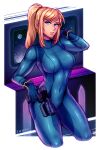  1girl against_window artist_name blonde_hair blue_bodysuit bodysuit breasts covered_navel crop_top cropped_legs eyeliner gun hair_ornament hair_scrunchie handgun holding holding_gun holding_weapon iahfy makeup medium_breasts metroid mole mole_under_mouth ponytail samus_aran scrunchie sidelocks skin_tight sleeveless solo space thick_thighs thighs trigger_discipline weapon window wristband zero_suit 