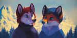  2022 2:1 anthro black_scarf blep blue_beanie blue_clothing blue_eyes blue_topwear canid canine cheek_tuft closed_smile clothed clothing dated duo eye_contact facial_tuft fox fur glistening glistening_eyes head_tuft looking_at_another male mammal mountain mouth_closed mylafox orange_body orange_fur outside plant red_body red_fur red_tongue scarf signature text tongue tongue_out topwear tree tuft url whiskers white_body white_fur 