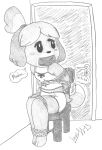  2013 animal_crossing anthro anthrofied arms_tied artist_name bdsm bondage bound canid canine canis clothed clothing cobondage domestic_dog door female gag gagged graphite_(artwork) hands_behind_back hi_res isabelle_(animal_crossing) legs_tied limpurtikles mammal monochrome nintendo partially_clothed pencil_(artwork) rope shih_tzu solo tape tape_gag tied_to_chair toy_dog traditional_media_(artwork) video_games 
