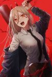  blood chainsaw_man hammer holding holding_hammer horns long_hair long_sleeves looking_at_viewer necktie off_shoulder open_mouth power_(chainsaw_man) red_background sharp_teeth shirt simple_background sol_(tvtjk7ubec) teeth white_shirt yellow_eyes 