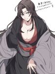  1girl 8tkkcsghb1zmqez ahoge black_robe brown_hair chinese_text closed_mouth collarbone facial_tattoo genderswap genderswap_(mtf) green_eyes highres long_hair long_sleeves looking_at_viewer mo_dao_zu_shi robe sash simple_background sitting solo tattoo wei_wuxian white_background 