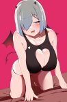  1girl :d absurdres all_fours armpit_crease bed_sheet black_panties black_tank_top blue_eyes breasts cleavage clothing_cutout collarbone demon_horns demon_tail demon_wings fake_horns fake_tail fake_wings fang grey_hair hair_ornament hair_over_one_eye hairclip half-closed_eyes halloween_costume hamakaze_(kancolle) hauto-san heart_cutout highres horns huge_breasts kantai_collection panties pink_background shiny shiny_hair shiny_skin skindentation smile solo string_panties tail tank_top toes underwear wings 