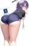  1girl absurdres ass ass_focus ass_visible_through_thighs bent_over black_shirt blue_archive blue_eyes blue_hair blue_shorts blush breasts cube feet_out_of_frame from_behind gym_shirt gym_shorts gym_uniform halo highres huge_ass id_card kawauchi_(kaz7ry) looking_at_viewer medium_breasts shirt shorts simple_background star_(symbol) sweat tattoo thick_thighs thighs underbutt white_background yuuka_(blue_archive) yuuka_(gym_uniform)_(blue_archive) 