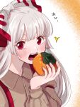  1girl bangs bow eating food fruit fujiwara_no_mokou highres holding holding_food holding_fruit long_hair looking_at_viewer mokoiscat open_mouth persimmon red_eyes shirt simple_background solo suspenders touhou upper_body 