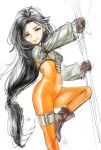  1girl black_hair bodysuit breasts closed_mouth covered_navel final_fantasy final_fantasy_ix foot_out_of_frame garnet_til_alexandros_xvii gloves long_hair looking_at_viewer non_(nonbiriya_mini) orange_bodysuit simple_background skin_tight solo white_background 