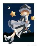 1girl :| absurdres anshi_(6580431260) apron black_footwear black_headwear black_skirt black_vest blonde_hair bow braid broom broom_riding chinese_commentary closed_mouth commentary crescent_moon expressionless frilled_skirt frills full_body hair_between_eyes hair_bow hat hat_bow highres kirisame_marisa looking_afar mary_janes moon outdoors puffy_short_sleeves puffy_sleeves shirt shoes short_sleeves single_braid skirt sky socks solo star_(sky) star_(symbol) starry_sky touhou vest waist_apron white_apron white_bow white_shirt white_socks witch_hat yellow_eyes 