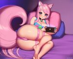  1girl animal_ears ass bangs bare_shoulders barefoot blue_eyes blush breasts cat_ears cleavage closed_mouth indoors kuroonehalf large_breasts long_hair looking_at_viewer lying nintendo_switch on_bed on_side original panties pillow pink_hair pink_panties playing_games smile solo swept_bangs tail thigh_strap toes underwear very_long_hair 