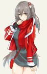  1girl alternate_costume arm_up bag bangs breasts brown_eyes christmas commentary feet_out_of_frame girls&#039;_frontline grey_hair grey_sweater hair_ornament hairclip highres jacket long_hair long_sleeves looking_at_viewer lzayui_sabeth merry_christmas open_clothes open_jacket open_mouth red_bag red_jacket red_scarf scar scar_across_eye scarf shoulder_bag side_ponytail small_breasts solo standing sweater ump45_(girls&#039;_frontline) white_background 