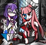  2girls android bachiko_oekaki bug glasses halloween highres kotonoha_akane mechanical_parts monster_girl multiple_girls pink_hair purple_eyes purple_hair red_eyes scientist screw_in_head silk spider spider_web stitches uniform voiceroid yuzuki_yukari 