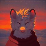  1:1 2022 anthro bust_portrait canid cheek_tuft closed_smile clothed clothing coshi_(dekuscrub) dated eyes_closed facial_tuft front_view fur hair hi_res hill male mammal mouth_closed mylafox neck_tuft orange_sky outside pink_nose portrait red_clothing red_topwear short_hair signature solo text topwear tuft url whiskers white_body white_fur white_hair 