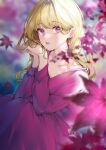  1girl blonde_hair collarbone dress earrings flower highres jewelry kinokohime leaf long_hair long_sleeves looking_at_viewer open_mouth original parted_lips pink_dress pink_eyes pink_flower pink_lips pink_theme sitting 