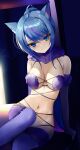  1girl absurdres animal_ears bangs blue_eyes blue_hair blush breasts cat_ears cleavage closed_mouth cosplay elbow_gloves fur-trimmed_gloves fur_trim gloves hair_between_eyes hair_intakes highres indie_virtual_youtuber leaning_to_the_side long_hair looking_at_viewer mash_kyrielight mash_kyrielight_(dangerous_beast) mash_kyrielight_(dangerous_beast)_(cosplay) medium_breasts nana_asteria navel no_panties purple_gloves purple_thighhighs revealing_clothes rifufu shiny shiny_hair solo thighhighs virtual_youtuber 