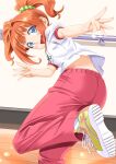  1girl :d bangs blue_eyes dancing floating_hair gym_uniform hair_ornament idolmaster idolmaster_(classic) indoors long_hair looking_at_viewer midriff miri_(ago550421) open_mouth orange_hair pants pink_pants shiny shiny_hair shirt shoes short_sleeves smile sneakers solo standing standing_on_one_leg takatsuki_yayoi twintails white_shirt 