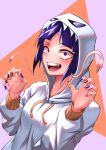  1girl absurdres blue_nails blush boku_no_hero_academia breasts collarbone fang fangs ghost_costume halloween highres hood hoodie jirou_kyouka looking_at_viewer meron_mha nail_polish open_mouth purple_eyes purple_hair red_nails simple_background small_breasts smile solo teeth tongue white_background white_hoodie 