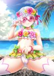  1boy 1girl absurdres ass_visible_through_thighs bangs bare_shoulders beach bikini blue_sky blush bracelet breasts cameltoe collarbone crotch earrings fate/grand_order fate_(series) flower_earrings flower_wreath girl_on_top green_bikini hair_ribbon head_wreath heart heart-shaped_eyewear highres jewelry kama_(fate) kama_(swimsuit_avenger)_(fate) kama_(swimsuit_avenger)_(first_ascension)_(fate) looking_at_viewer miniskirt navel palm_leaf rainbow_skirt red_eyes ribbon shore short_hair sitting sitting_on_person skirt sky small_breasts smile solo_focus sunglasses swimsuit thighhighs thighs tinted_eyewear tsukumokazuki white_hair white_thighhighs 