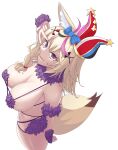  0m00n 1girl :d absurdres animal_ear_fluff animal_ears bangs bikini blonde_hair blue_bow bow breasts commentary cowboy_shot fangs fox_ears fox_tail fur_bikini fur_collar hair_bow hair_ornament hat heart heart-shaped_pupils highres hololive jester_cap large_breasts looking_at_viewer medium_hair nail_polish omaru_polka open_mouth pink_nails purple_bikini purple_eyes simple_background smile solo standing swimsuit symbol-shaped_pupils tail thighs v_over_eye virtual_youtuber white_background x_hair_ornament 