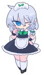  1girl apron black_footwear blue_dress blue_eyes bow braid dress green_bow grey_hair hair_bow hand_on_own_face high_heels highres izayoi_sakuya maid_apron maid_headdress medium_hair one_eye_closed op_na_yarou pose puffy_short_sleeves puffy_sleeves short_sleeves simple_background smile solo thighhighs touhou twin_braids waist_apron waist_bow white_apron white_background white_bow 