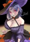  1girl bare_shoulders black_hair breasts cleavage collarbone crescent halloween halloween_costume hat highres jewelry large_breasts long_eyelashes long_sleeves looking_at_viewer necklace open_mouth original pink_eyes pink_lips ryuki@maguro-ex signature witch_hat 