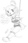  2015 animal_crossing anthro anthrofied arms_tied artist_name ball_gag bdsm bondage bound bra canid canine canis clothed clothing cobondage dialogue domestic_dog female gag gagged graphite_(artwork) hands_behind_back hi_res isabelle_(animal_crossing) legs_tied limpurtikles looking_at_viewer mammal monochrome motion_lines nintendo partially_clothed pencil_(artwork) rope shih_tzu simple_background solo speech_bubble suspended_in_midair suspension swinging talking_to_viewer tape toy_dog traditional_media_(artwork) underwear video_games white_background 