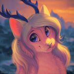  1:1 2022 blue_antlers blue_eyes blurred_background bust_portrait cheek_tuft chest_tuft closed_smile dated facial_tuft fangs felid female fur glistening glistening_eyes hair hi_res hybrid looking_at_viewer mammal mouth_closed multicolored_hair mylafox orange_sky pink_body pink_fur pink_hair portrait signature solo text tuft two_tone_hair url white_hair white_nose 