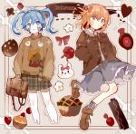  2girls :3 alternate_costume alternate_hairstyle animal_ears bag blue_eyes blue_hair border bottle braid brown_bag brown_jacket brown_ribbon brown_sweater candy candy_wrapper checkered_clothes checkered_skirt collar cookie cupcake ene_(kagerou_project) flower food frilled_collar frilled_skirt frills grey_eyes grey_shirt grey_skirt grey_socks hair_ribbon headphones heart highres jacket kagerou_project kisaragi_momo light_blue_hair looking_at_viewer looking_to_the_side mekakucity_actors multiple_girls orange_hair otorigg pie pleated_skirt rabbit rabbit_ears red_ribbon ribbon scarf shirt short_hair side_braid single_braid skirt socks striped striped_scarf sweater sweets twintails vertical-striped_scarf vertical_stripes watermark white_flower winnie_the_pooh 