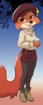  2022 4_fingers anthro beverage big_tail boots bottomwear brown_eyes brown_nose button_skirt canid canine cheek_tuft claws clothing coffee coffee_cup container countershade_face countershading cup cute_fangs digital_drawing_(artwork) digital_media_(artwork) disney eyebrows facial_tuft female finger_claws fingers fluffy fluffy_tail footwear fox fur gradient_background gradient_fur hat hat_ornament headgear headwear hi_res high_heeled_boots high_heels holding_cup holding_object jewelry leggings legwear maid_marian mammal necklace open_mouth orange_body orange_fur pantyhose robin_hood_(disney) simple_background skirt solo standing stockings sweater topwear tuft turtleneck 