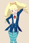  1girl absurdres ayanue big_hair blonde_hair blue_pantyhose brown_eyes dress drill_hair highres long_hair looking_at_viewer luna_platz_(mega_man) mega_man_(series) mega_man_star_force one_eye_closed open_mouth pantyhose simple_background smile solo striped twin_drills twintails 