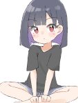  1girl bangs black_hair black_shirt blue_shorts blush_stickers closed_mouth commentary_request do_it_yourself!! feet_out_of_frame highres kapuru_0410 looking_at_viewer multicolored_hair purple_hair red_eyes shirt short_shorts short_sleeves shorts simple_background sitting solo suride_miku two-tone_hair white_background 