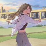  1girl blush bridge brown_hair cityscape closed_eyes cowboy_shot crop_top ddini highres hood hooded_jacket jacket long_hair navel open_clothes open_jacket open_mouth original outdoors outstretched_arms pants river sky smile solo spread_arms track_pants water 