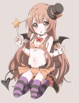  1girl bangs bat_wings bikini blunt_bangs bow bowtie brown_eyes brown_hair demon_tail detached_collar flat_chest fujiwara_tatsuroo halloween halloween_costume hat highres long_hair mini_hat mini_top_hat navel oomuro-ke oomuro_hanako swimsuit tail thighhighs top_hat wand white_background wings wrist_cuffs yuru_yuri zettai_ryouiki 