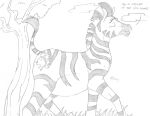 2017 all_fours belly chubby_feral chubby_male cloud dialogue disney equid equine eyes_closed feral fur grass jimfoxx male mammal mane markings nude open_mouth plant raised_tail side_view slightly_chubby solo striped_body striped_fur stripes tail_tuft text the_lion_guard the_lion_king thurston_(zebra) tree tuft zebra 