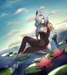  1girl bangs black_bodysuit blue_eyes bodysuit braid breast_curtains breasts cloud detached_sleeves expressionless flower genshin_impact hair_over_one_eye highres hip_vent leeyanyan43 lily_pad long_hair looking_to_the_side medium_breasts one_eye_covered partially_submerged pink_flower shenhe_(genshin_impact) sitting sky solo tassel very_long_hair water 