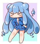  1girl bangs bare_shoulders blue_hair blue_shirt blush chibi closed_eyes closed_mouth collarbone collared_shirt commentary_request dress_shirt facing_away full_body half_slime-chan hana_kazari hands_on_hips highres long_hair monster_girl original revision shirt slime_girl solo very_long_hair 