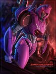  1girl artist_name character_name damaged dated english_commentary fire from_side glowing glowing_eye highres holding holding_knife knife looking_at_viewer mecha myla_xan parted_lips piston red_eyes robot science_fiction shadow_striker transformers transformers_cyberverse 