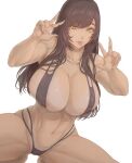  1girl abs absurdres bangs barefoot breasts brown_hair commission dutch_angle gantz highres huge_breasts kuromoro long_hair navel parted_lips shimohira_reika sideboob slingshot_swimsuit solo squatting stomach swept_bangs swimsuit thick_thighs thighs toned w white_background yellow_eyes 