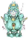  1girl autobot blue_eyes blush breasts heart leaning_forward looking_at_viewer mecha medium_breasts moonracer robot smile straight-on tack_(dnet) transformers upper_body white_background 