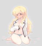  1girl blonde_hair blue_eyes blue_panties blush breasts cordelia_glauca eyes_visible_through_hair full_body haku_le jacket long_hair long_sleeves medium_breasts navel open_clothes open_jacket panties seiza sitting solo symbol-shaped_pupils tantei_opera_milky_holmes underwear white_jacket 