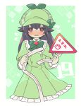  1girl black_hair blush broken capelet deerstalker dress flying_sweatdrops green_capelet green_dress green_headwear haku_le hat hercule_barton long_hair red_eyes road_sign sign solo sweatdrop tantei_opera_milky_holmes translation_request 