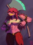  1girl abs absurdres armlet axe bracelet breasts colored_skin deltarune enduranceex furry furry_female hair_over_eyes heart highres holding holding_weapon jewelry long_hair muscular muscular_female pink_hair pink_skin reptile_girl sarashi sharp_teeth solo spiked_armlet spiked_bracelet spikes susie_(deltarune) sweat teeth toned weapon 