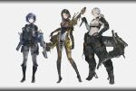  3girls armor camouflage combat_knife commentary_request cyberpunk cyborg gun highres holding holding_gun holding_knife holding_weapon knife mechanical_tail medium_hair multiple_girls original plugsuit qiongsheng rifle scale_armor science_fiction short_hair sniper_rifle tactical_clothes tail tripod weapon 