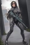  1girl absurdres ai_arctic_warfare bangs black_hair blue_eyes blush bodysuit bolt_action breasts closed_mouth gun hair_over_one_eye highres holding holding_gun holding_weapon large_breasts long_hair mole mole_under_mouth one_eye_covered original revision rifle shikube sniper_rifle solo standing thighs weapon 