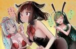  3girls :d ^_^ absurdres ahoge animal_ear_fluff animal_ears arm_between_breasts bare_arms bare_shoulders between_breasts black_leotard blush bow bowtie breasts bright_pupils brown_hair brown_pantyhose closed_eyes closed_mouth dark_green_hair detached_collar fox_ears fox_girl green_hairband green_leotard grey_hair hair_bobbles hair_bow hair_intakes hair_ornament hairband hand_up hands_up heart highres interlocked_fingers large_breasts leotard medium_breasts microa multiple_girls nose_blush open_mouth outline own_hands_together pantyhose pink_bow playboy_bunny purple_eyes red_bow red_bowtie red_eyes short_hair siblings sisters small_breasts smile strapless strapless_leotard sweat teeth touhoku_itako touhoku_kiritan touhoku_zunko translation_request upper_teeth vocaloid voiceroid white_outline white_pupils 
